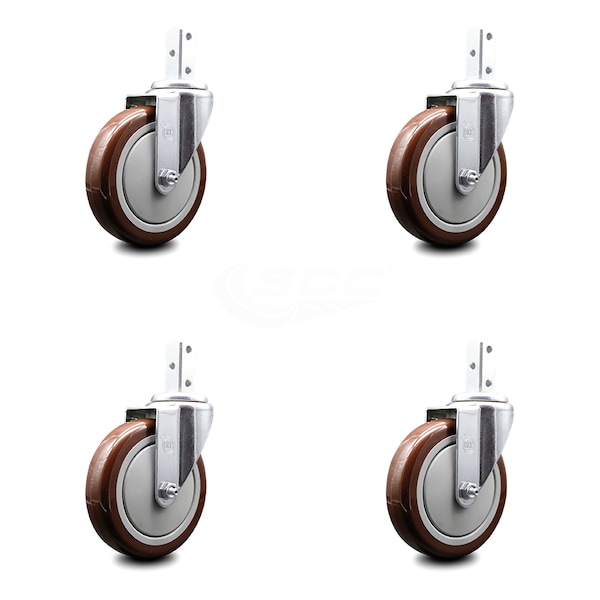 5 Inch Maroon Polyurethane Wheel Swivel 3/4 Inch Square Stem Caster Set SCC